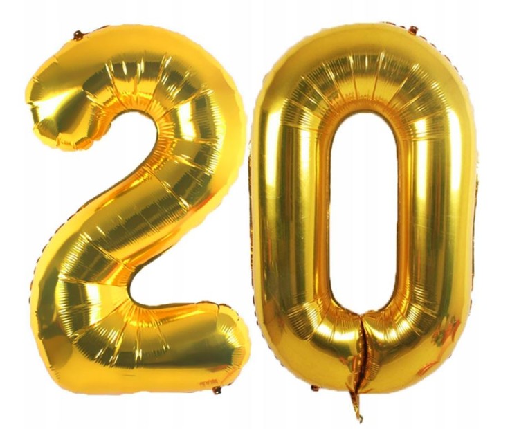 Złote balony foliowe tworzące liczbę 20 o wysokości 81 cm