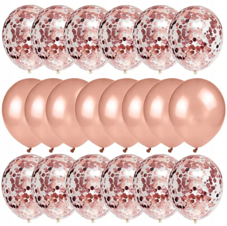 Zestaw 20 balonów w kolorze różowego złota - 8 chromowanych i 12 z konfetti