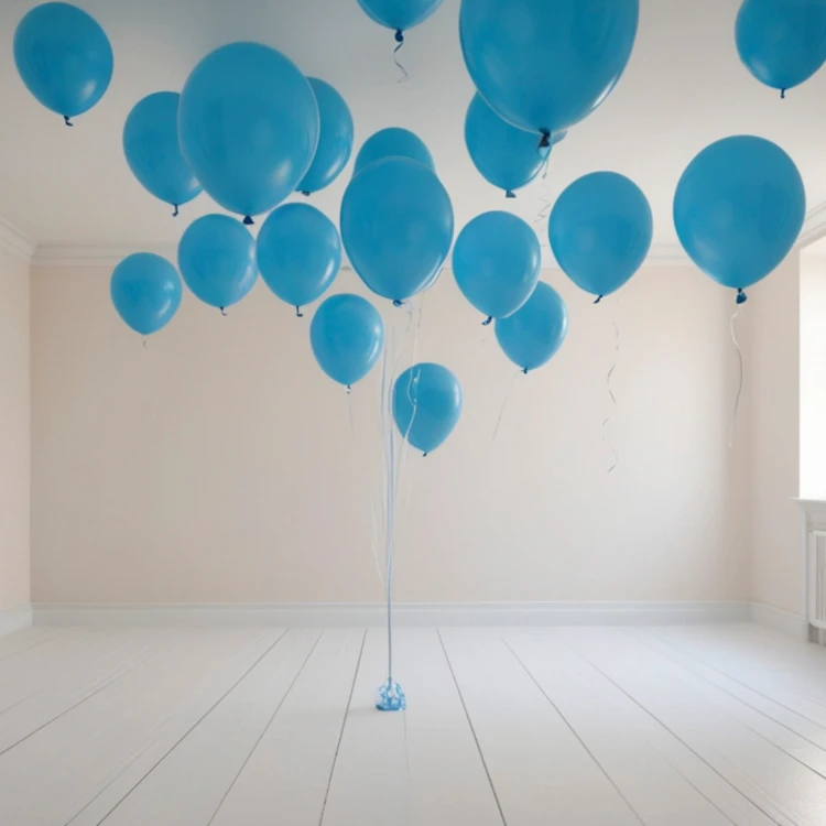 Niebieskie balony napełnione helem unoszące się na wstążkach w jasnym pomieszczeniu.