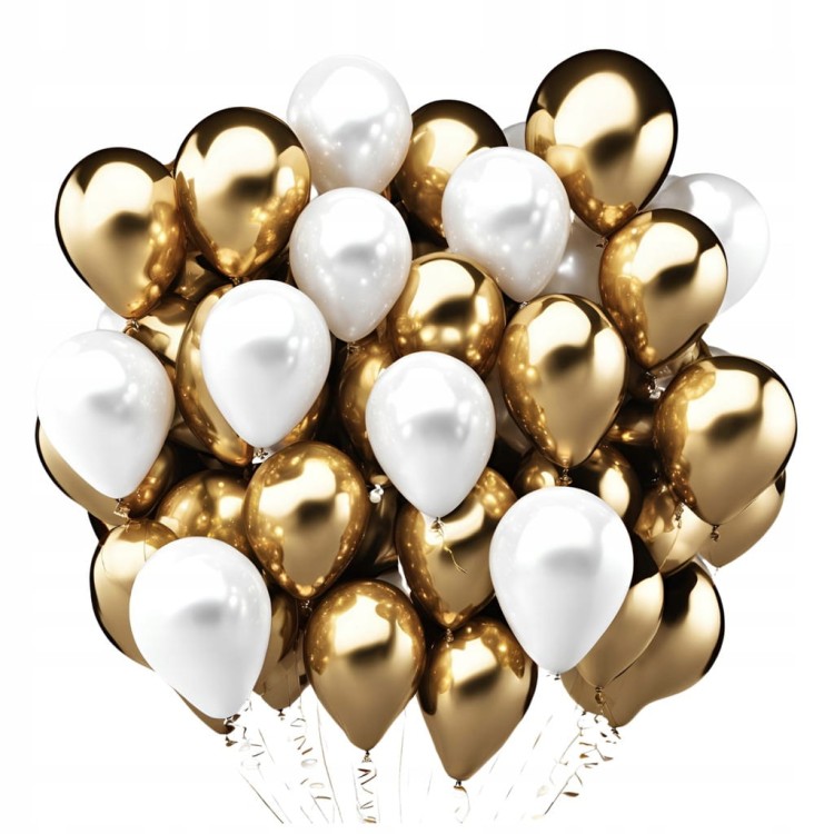 Zestaw 100 sztuk balonów lateksowych - 50 białych matowych i 50 złotych chromowanych