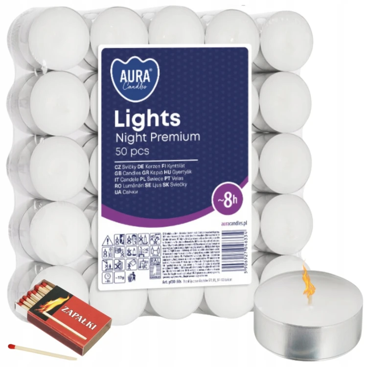 TEALIGHTY BEZZAPACHOWE PODGRZEWACZE ŚWIECZKI ŚWIECE TEALIGHT 8H 50 SZTUK