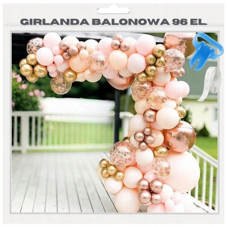 Girlanda balonowa Rose Gold 96 elementów z balonami brzoskwiniowymi, różowymi i złotymi jako dekoracja przyjęcia.