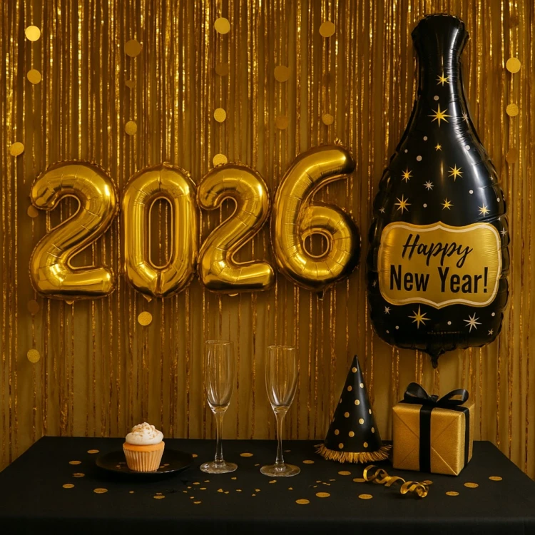 BALON FOLIOWY SZAMPAN HAPPY NEW YEAR 2026 SYLWESTER 90 CM DUŻY XXL NOWY ROK