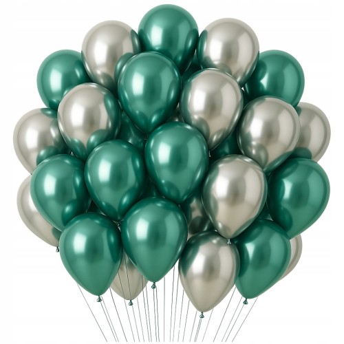 BALONY ZIELONO SREBRNE CHROMOWANE ZESTAW BALONÓW DEKORACJA URODZINY 100 SZT