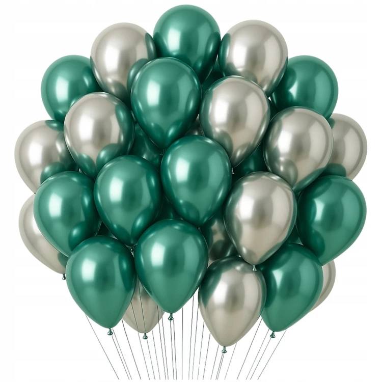 BALONY ZIELONO SREBRNE CHROMOWANE ZESTAW BALONÓW DEKORACJA URODZINY 100 SZT