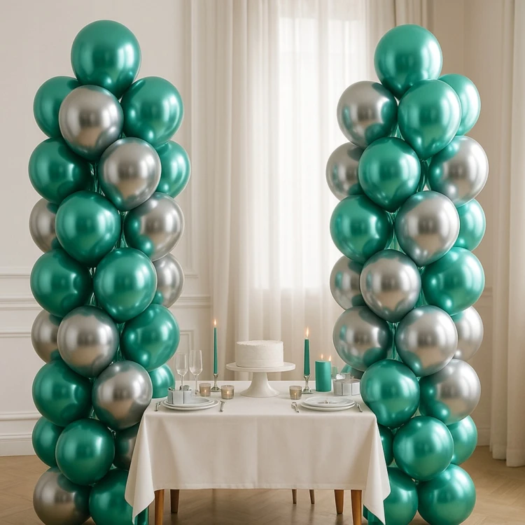 BALONY ZIELONO SREBRNE CHROMOWANE ZESTAW BALONÓW DEKORACJA URODZINY 100 SZT