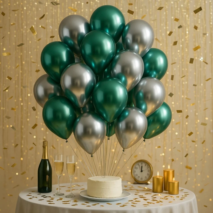 BALONY ZIELONO SREBRNE CHROMOWANE ZESTAW BALONÓW DEKORACJA URODZINY 100 SZT