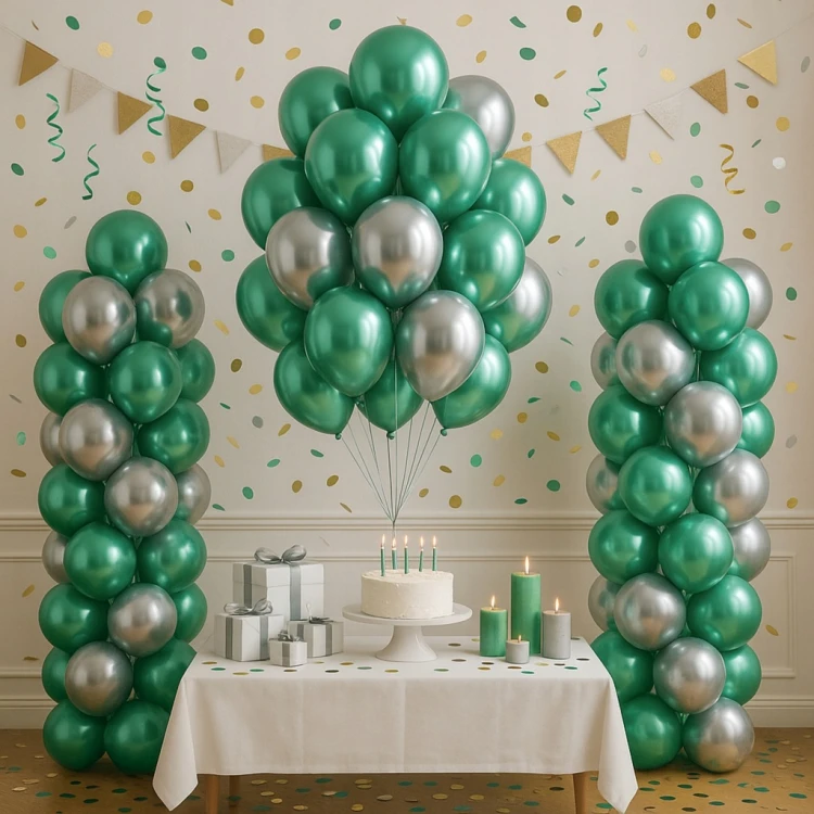 BALONY ZIELONO SREBRNE CHROMOWANE ZESTAW BALONÓW DEKORACJA URODZINY 100 SZT