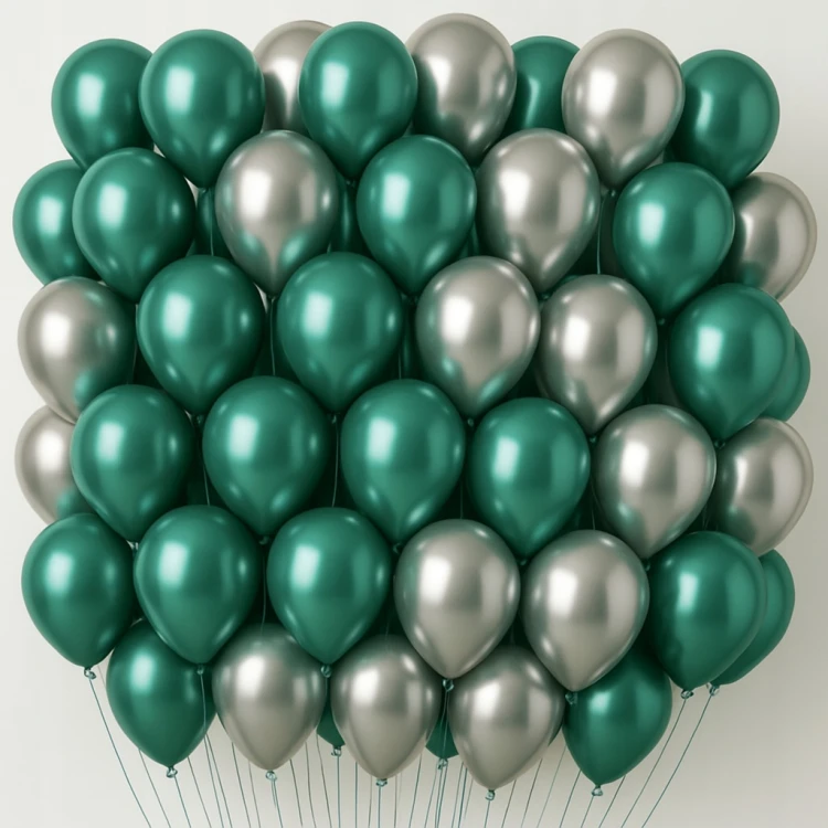 BALONY ZIELONO SREBRNE CHROMOWANE ZESTAW BALONÓW DEKORACJA URODZINY 100 SZT