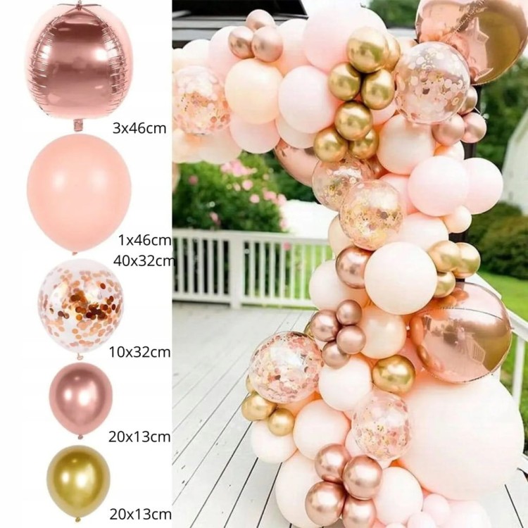 Zestaw girlandy balonowej Rose Gold z konfetti – zestawienie balonów i przykładowej dekoracji urodzinowej.