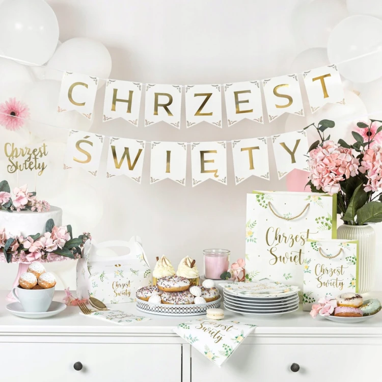 BANER Papierowy CHRZEST ŚWIĘTY Biało złoty 160 CM DEKORACJA biały girlanda