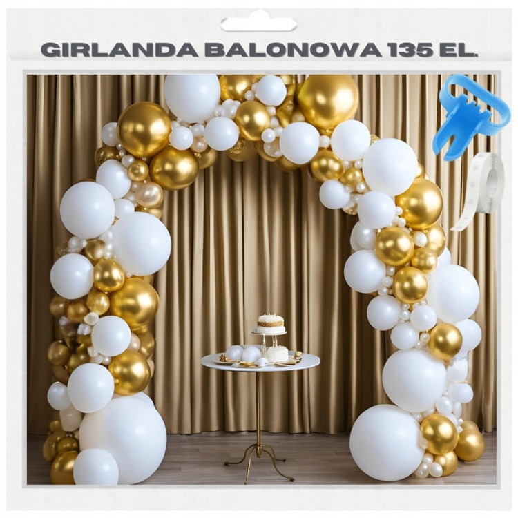 Zestaw do girlandy balonowej (136 elementów) w kolorach matowej bieli i chromowanego złota