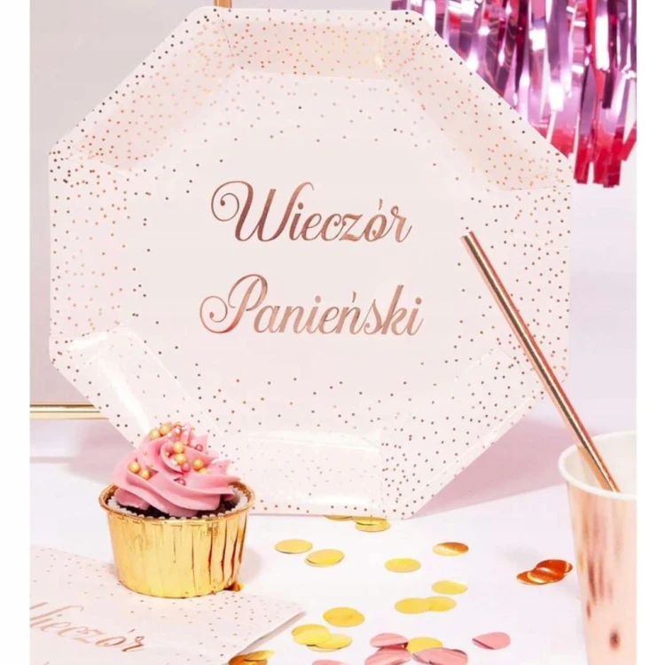 Talerzyki PAPIEROWE Różowe WIECZÓR PANIEŃSKI ROSE GOLD Kropki 23cm 6SZT.