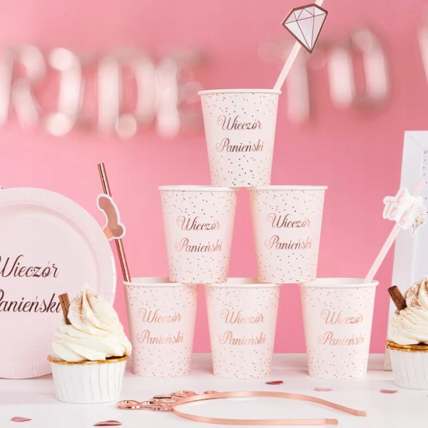 KUBKI PAPIEROWE Jednorazowe WIECZÓR PANIEŃSKI różowe ROSE GOLD 220ML 6SZT