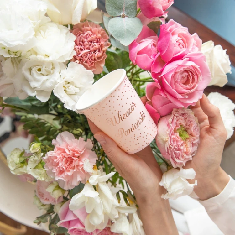 KUBKI PAPIEROWE Jednorazowe WIECZÓR PANIEŃSKI różowe ROSE GOLD 220ML 6SZT