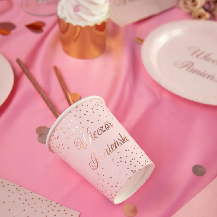 KUBKI PAPIEROWE Jednorazowe WIECZÓR PANIEŃSKI różowe ROSE GOLD 220ML 6SZT