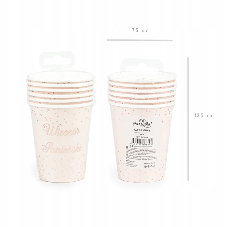 KUBKI PAPIEROWE Jednorazowe WIECZÓR PANIEŃSKI różowe ROSE GOLD 220ML 6SZT