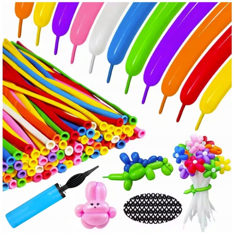 Zestaw 100 kolorowych, długich balonów do modelowania wraz z czerwoną pompką