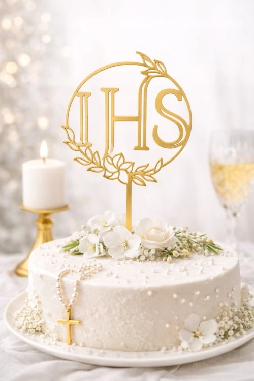 TOPPER na tort złoty PIERWSZA KOMUNIA ŚWIĘTA dekoracja ozdoba IHS 10 x 17CM