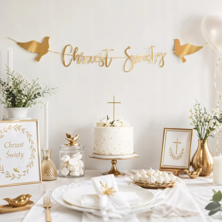 Baner CHRZEST ŚWIĘTY Chrzciny Złoty Napis 150cm Gołębie