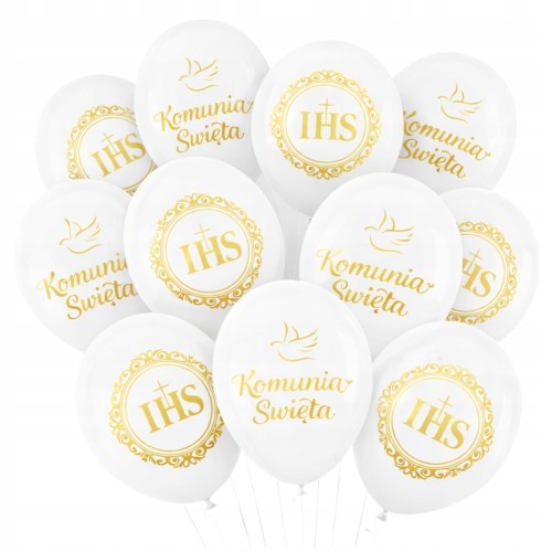 Balony na PIERWSZA KOMUNIA ŚWIĘTA Zestaw IHS Białe Złoty Nadruk 30cm 12 SZT