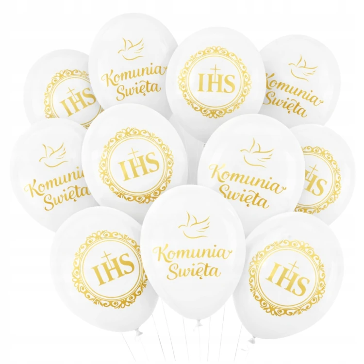 Balony na PIERWSZA KOMUNIA ŚWIĘTA Zestaw IHS Białe Złoty Nadruk 30cm 12 SZT