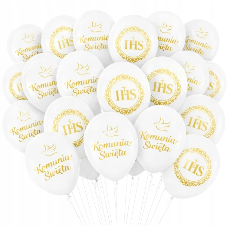 Balony na PIERWSZA KOMUNIA ŚWIĘTA Zestaw IHS Białe Złoty Nadruk 30cm 12 SZT
