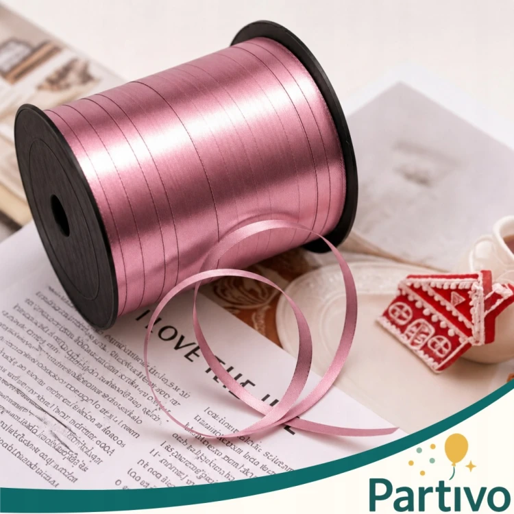 Wstążka RÓŻOWA Metaliczna Do Balonów i Prezentów POŁYSK 225 M Tasiemka