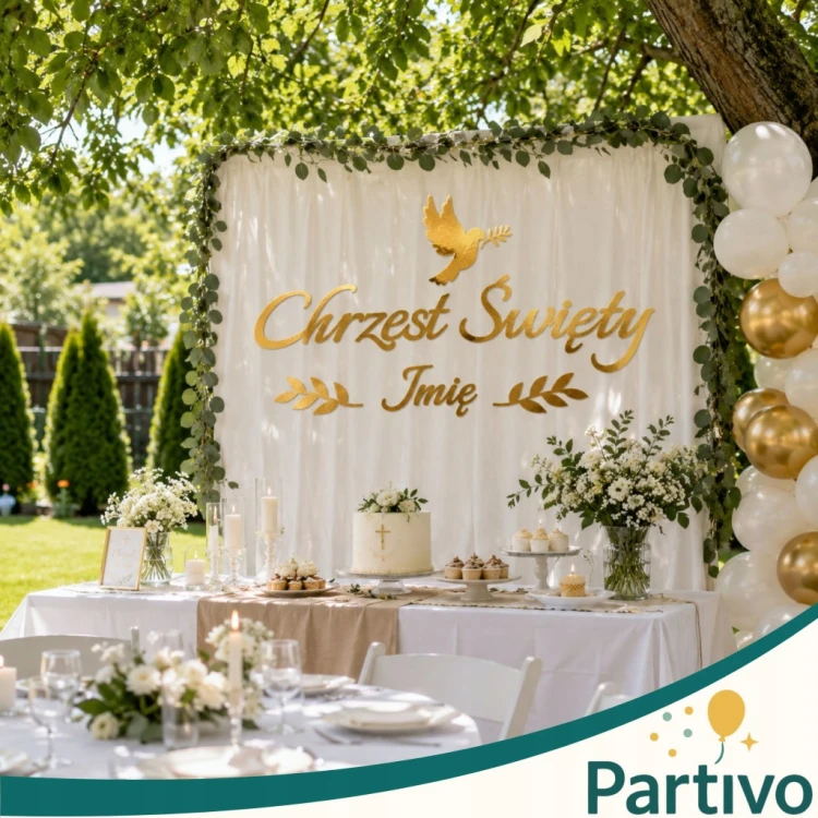 Baner Złoty Girlanda Chrzest Święty Złote Liść Chrzciny + Imię Dekoracja