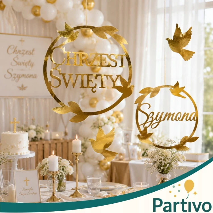 Baner Chrzest Święty Napis ZŁOTY IMIĘ Girlanda ZŁOTA dekoracja na Chrzciny