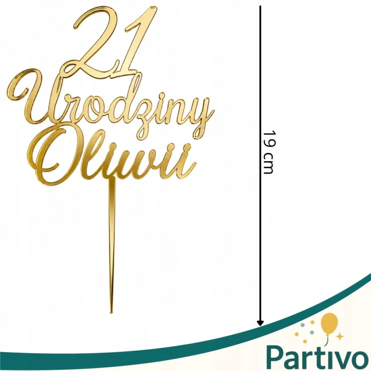 TOPPER dekoracje na tort Urodziny + Imię ZŁOTY Akryl Personalizowany