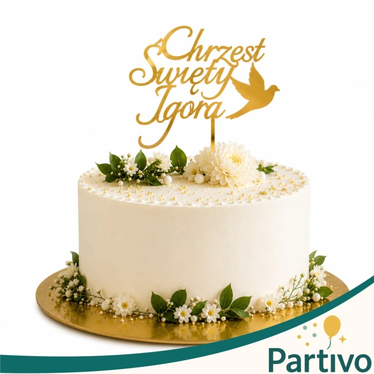 TOPPER dekoracje na tort Chrzest Święty + Imię ZŁOTY Akryl Personalizowany