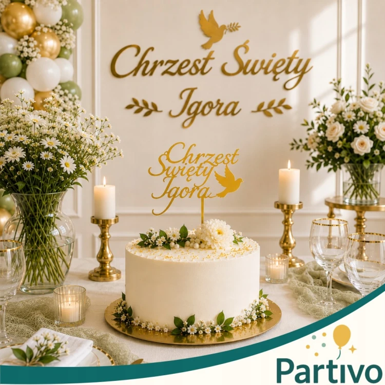 TOPPER dekoracje na tort Chrzest Święty + Imię ZŁOTY Akryl Personalizowany