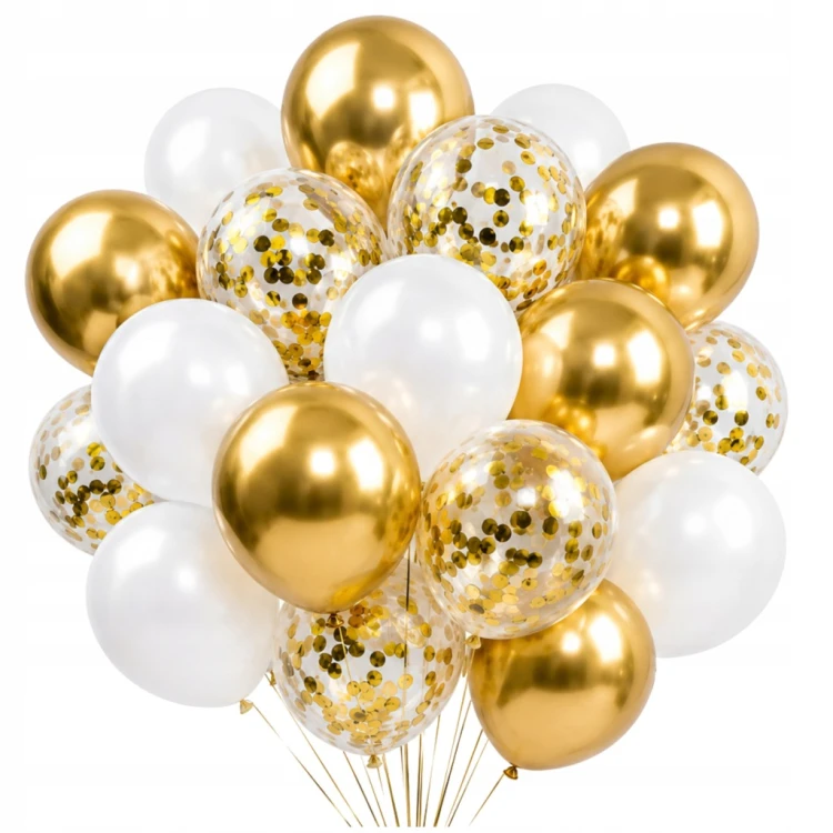 Balony Złote Urodzinowe z Konfetti Chromowane 24 sztuk Ślub i Wesele 30 CM