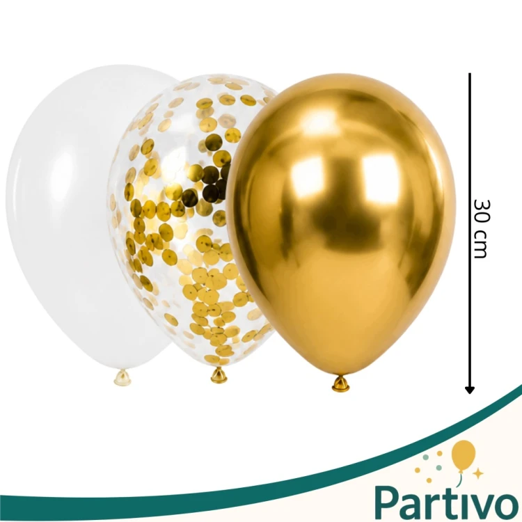 Balony Złote Urodzinowe z Konfetti Chromowane 24 sztuk Ślub i Wesele 30 CM