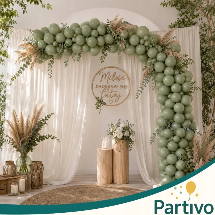 Balony Eukaliptus Matowe MINI MAŁE 13cm Zielone 50szt ZESTAW DO GIRLANDY