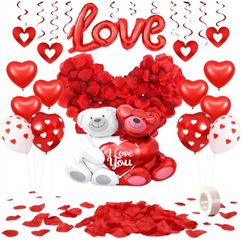 DEKORACJA ZESTAW WALENTYNKOWY BALONY SERCA OZDOBA LOVE MIŚ CZERWONE SERCE