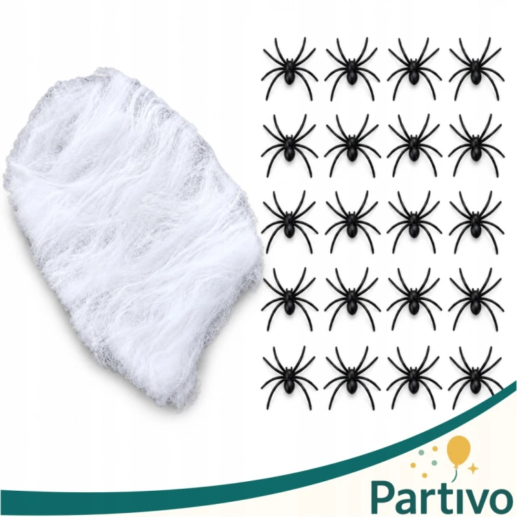 Pajęczyna Sieć Biała Ozdoba DEKORACJA NA HALLOWEEN 20 SZT PAJĄKÓW 100 GRAM