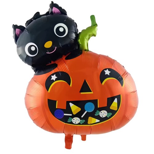 Balon Foliowy DYNIA z Kotem Pomarańczowa Duża Na Halloween Dekoracja 64 CM