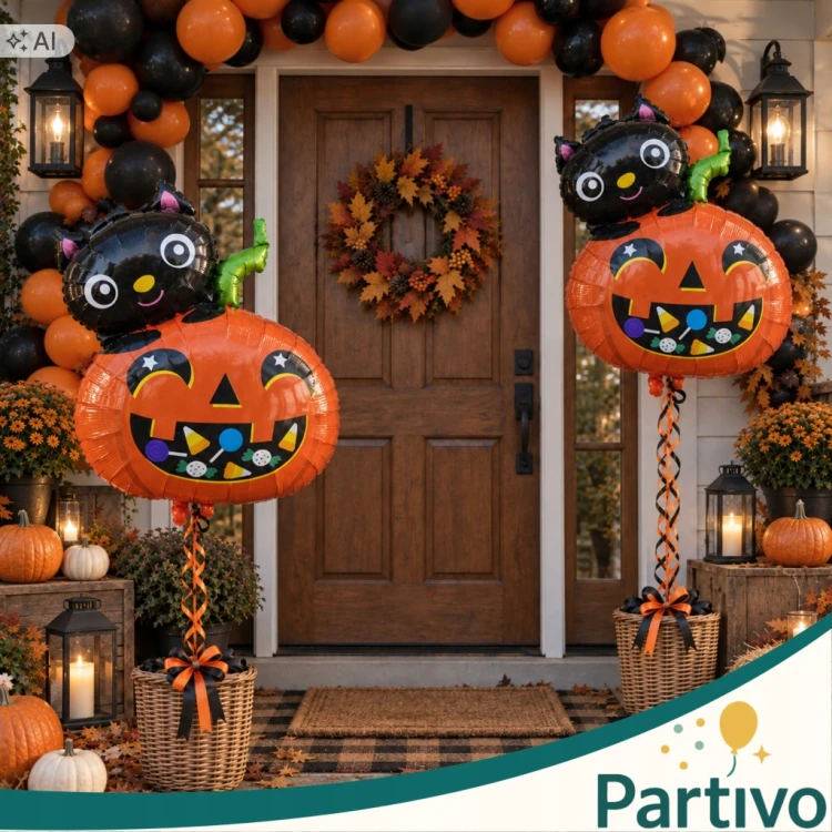 Balon Foliowy DYNIA z Kotem Pomarańczowa Duża Na Halloween Dekoracja 64 CM