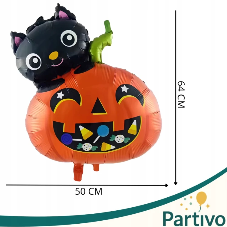 Balon Foliowy DYNIA z Kotem Pomarańczowa Duża Na Halloween Dekoracja 64 CM