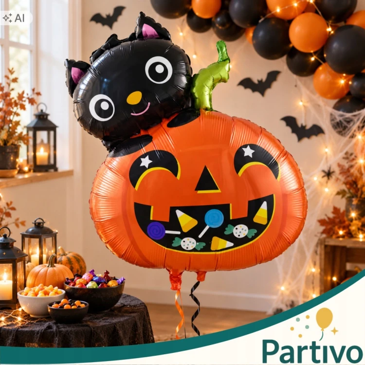 Balon Foliowy DYNIA z Kotem Pomarańczowa Duża Na Halloween Dekoracja 64 CM