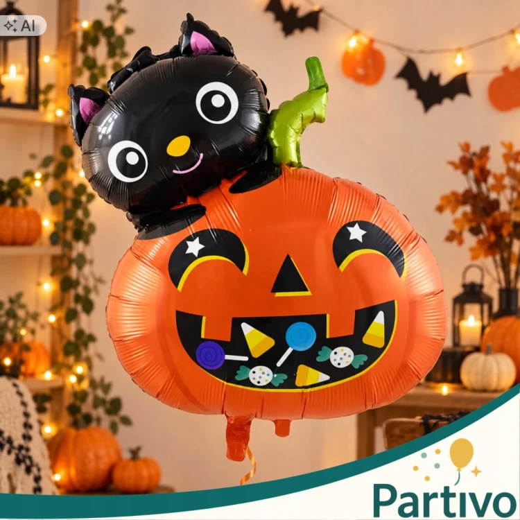 Balon Foliowy DYNIA z Kotem Pomarańczowa Duża Na Halloween Dekoracja 64 CM