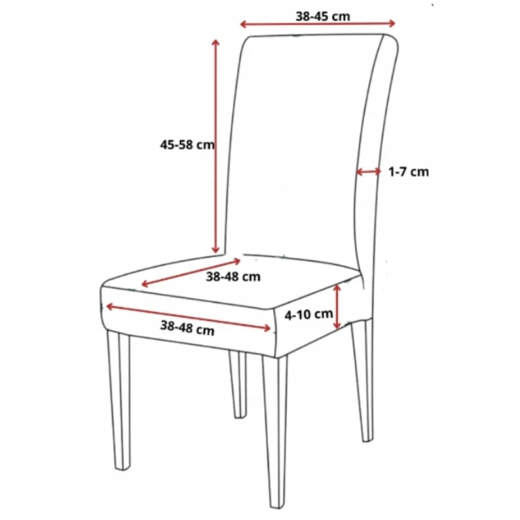 Wymiary krzesła do zielonego elastycznego pokrowca – siedzisko około 45 × 45 cm i oparcie do 55 cm.