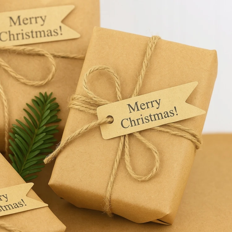Papierowe torebki prezentowe z zawieszkami Merry Christmas – świąteczne opakowania w naturalnym stylu kraft.