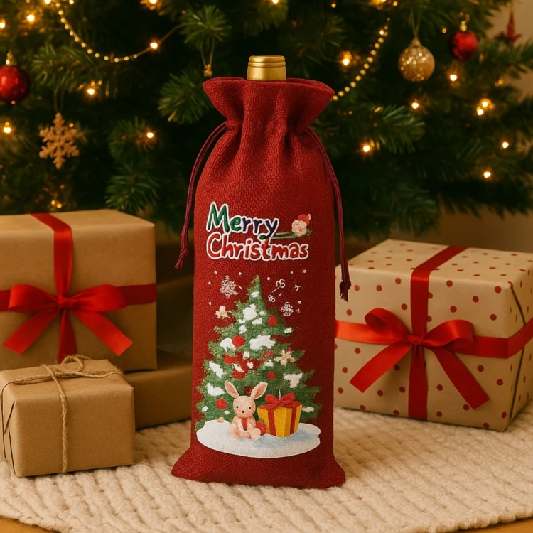 Czerwone etui świąteczne na butelkę ze sznurkiem – dekoracyjne opakowanie z nadrukiem Merry Christmas obok prezentów.