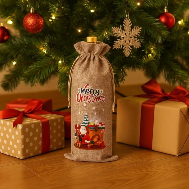Beżowy woreczek prezentowy na butelkę z napisem Merry Christmas wśród świątecznych prezentów pod choinką.