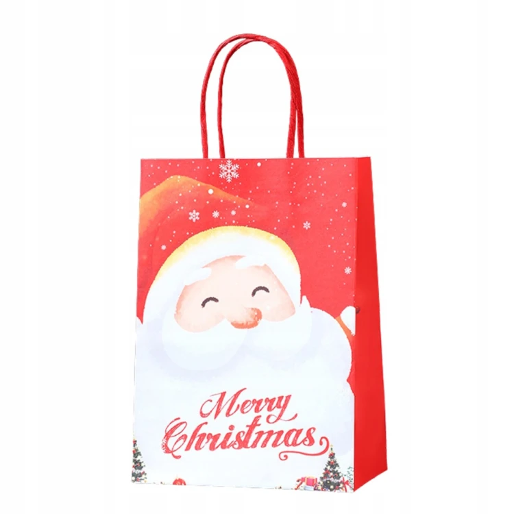 Czerwona torba prezentowa świąteczna z Mikołajem i napisem Merry Christmas