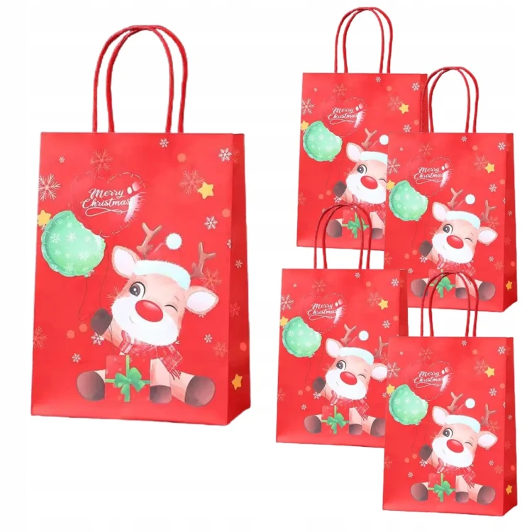 Torba papierowa prezentowa świąteczna z reniferem 27x21x11 cm – widok z przodu i tyłu