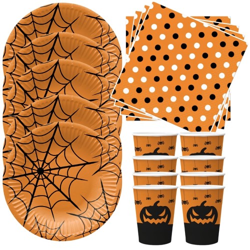 Zestaw Talerzyki Kubeczki Serwetki Papierowe HALLOWEEN Dzieci Dla 8 osób